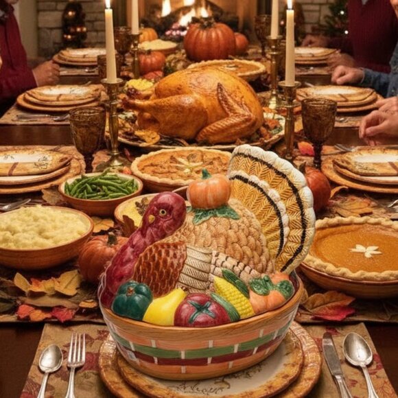 HUGE TURKEY TUREEN THANKSGIVING POTTERY HAND PAINTED NEW HARVEST Fall Vintage - Picture 2 of 13